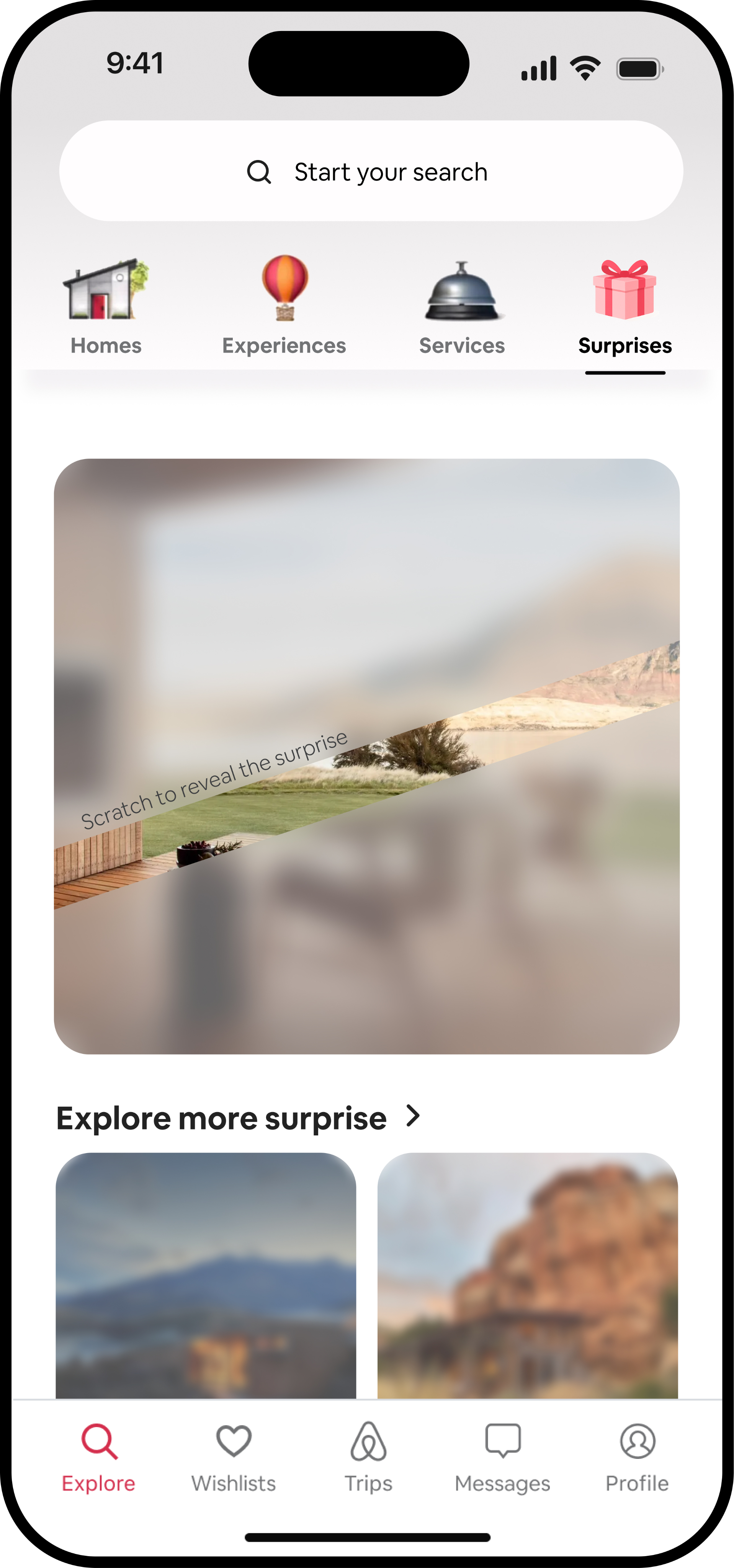 Surprise Trip home screen with a scratch-to-reveal destination
