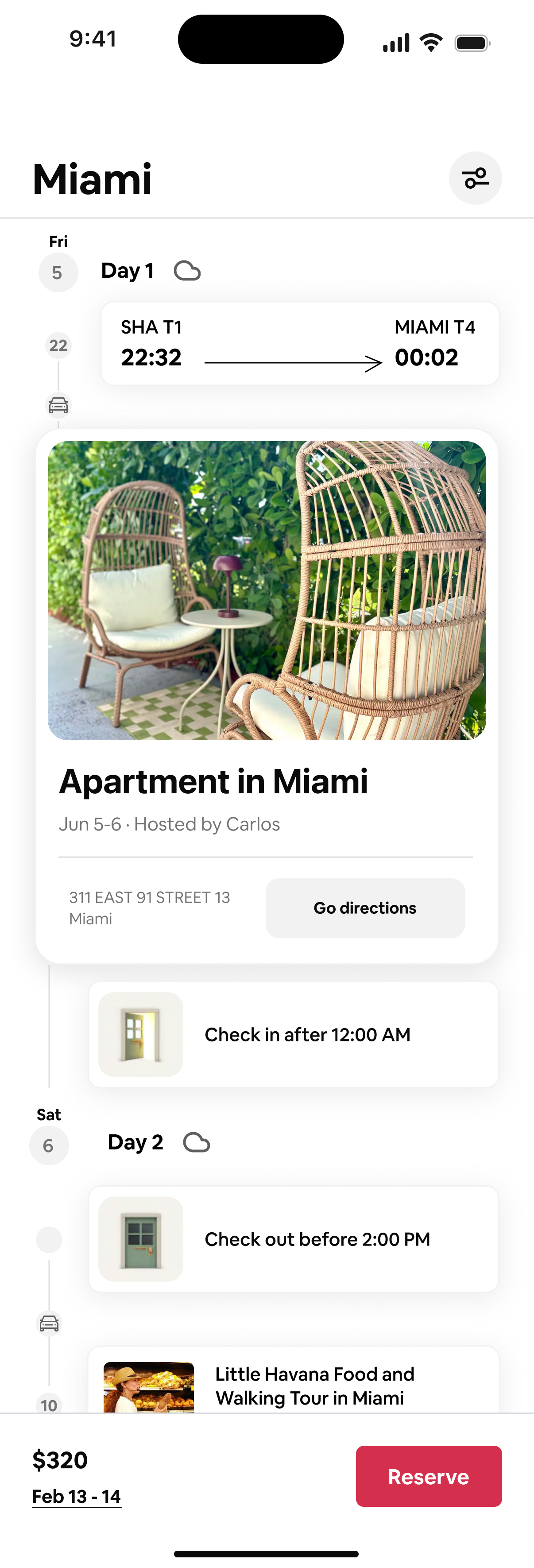 Full itinerary details with travel arrangements and reservations