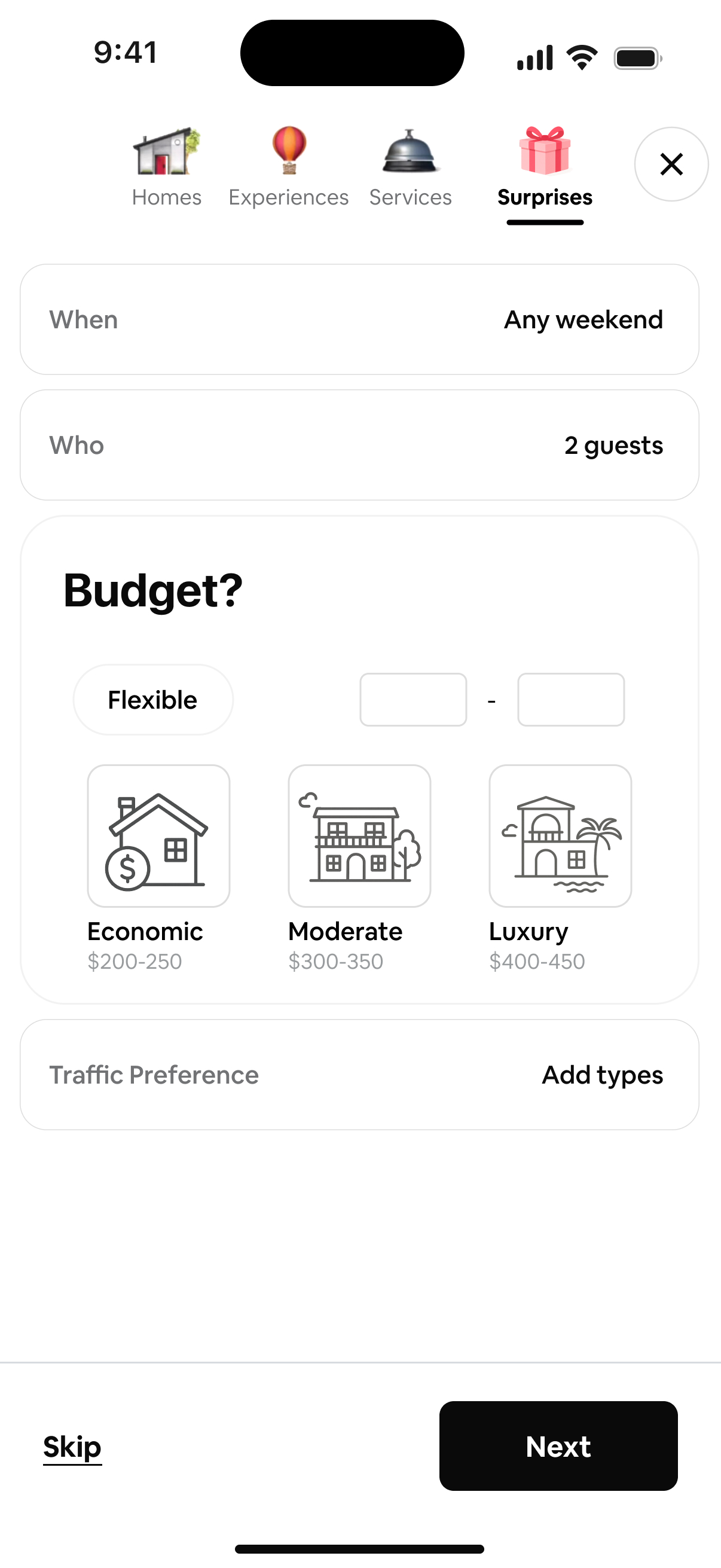 Choose trip dates, travelers, and budget