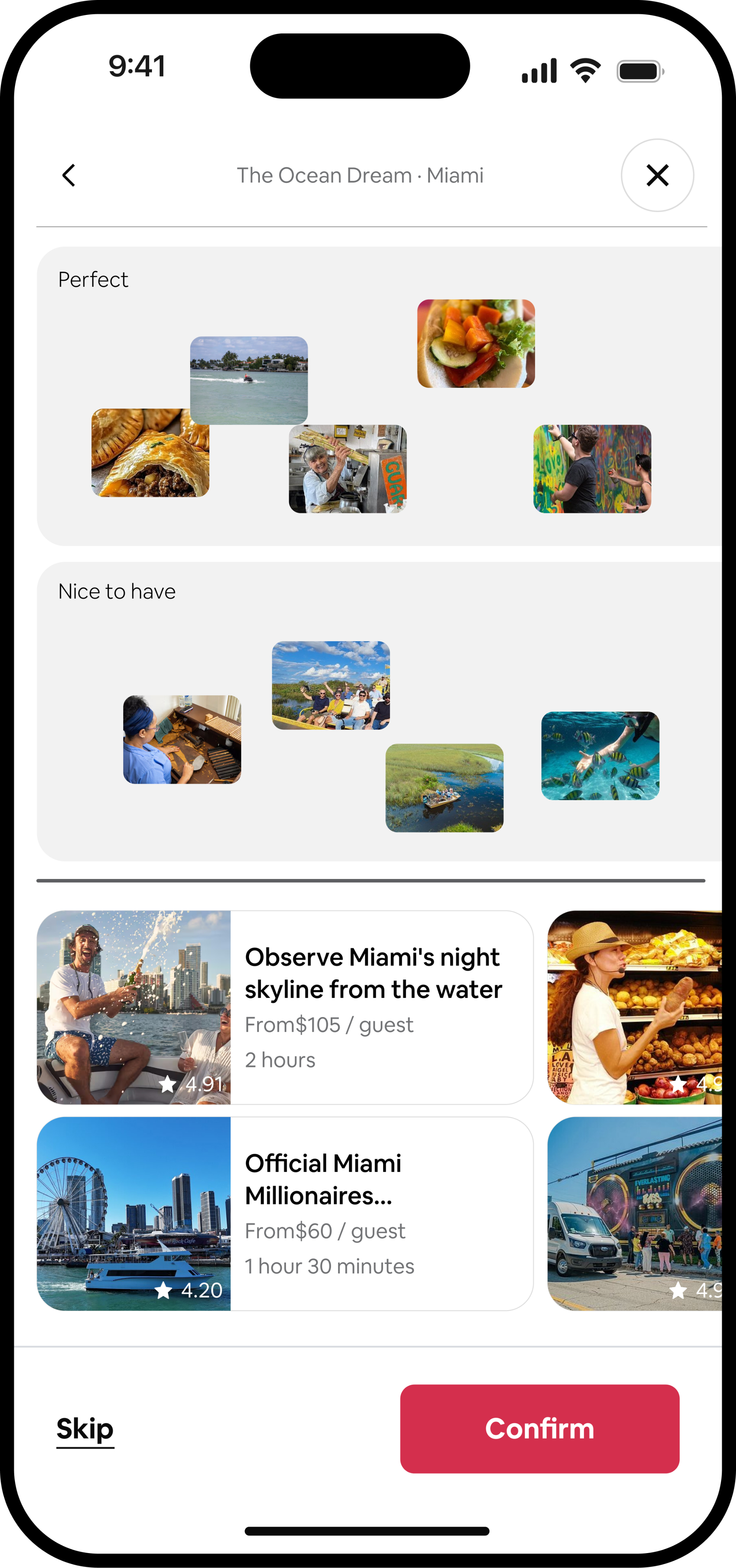 Travel interests sorted into Perfect and Nice to have