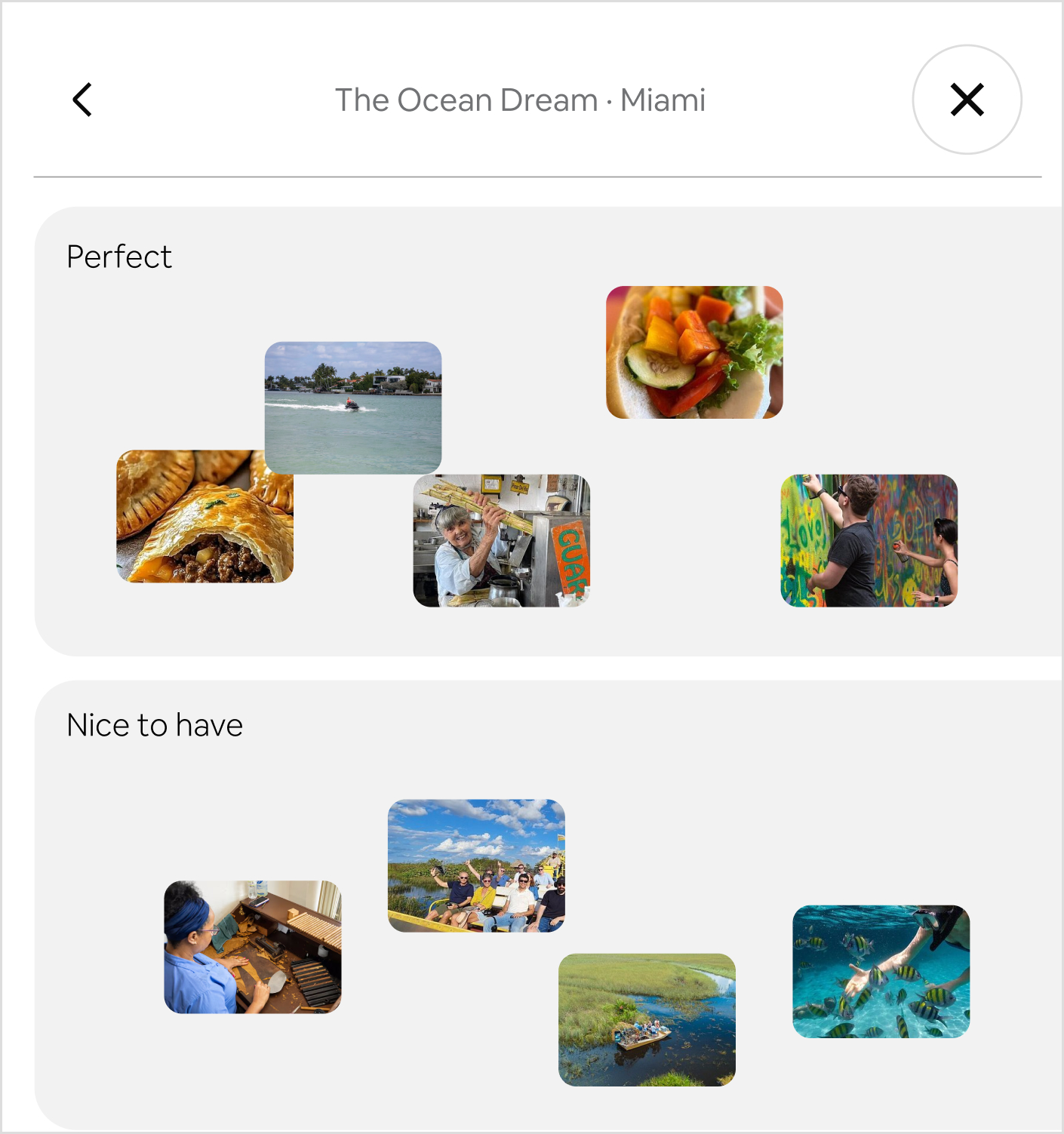 Activity cards arranged by preference