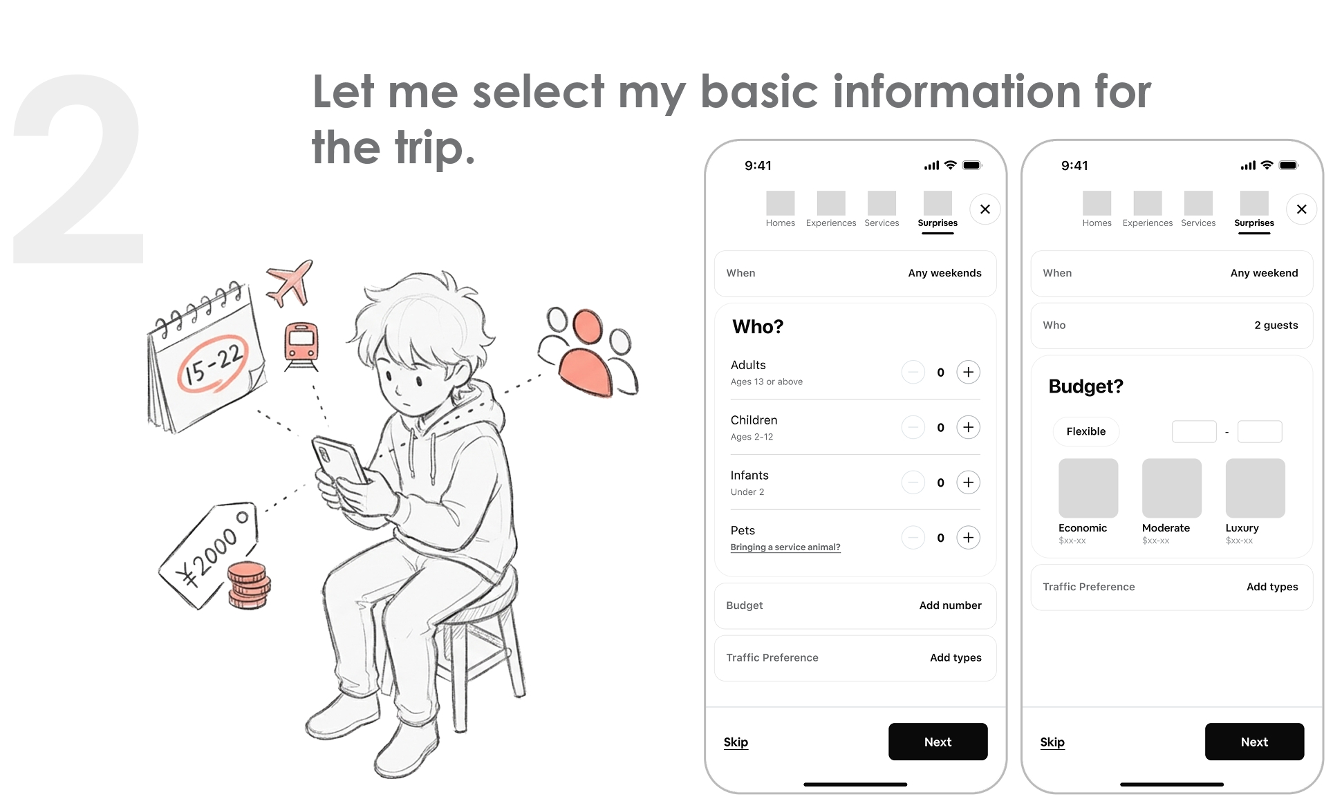 2. Let me select my basic information for the trip — dates, travelers, and budget.